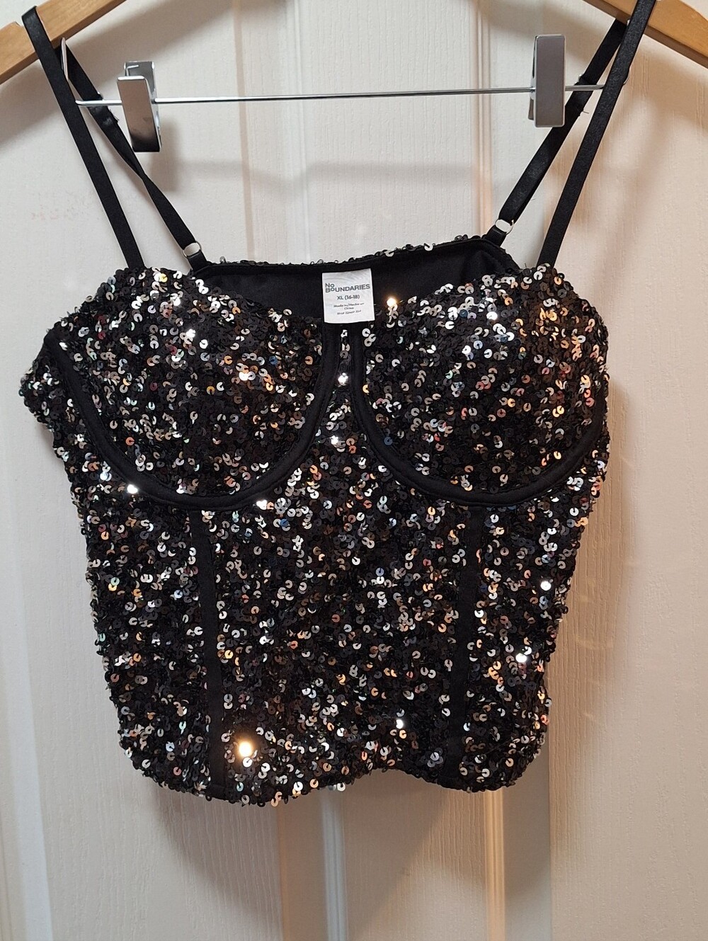 Party Evening Push Up Halter Sequin Bustier Crop Top Black -